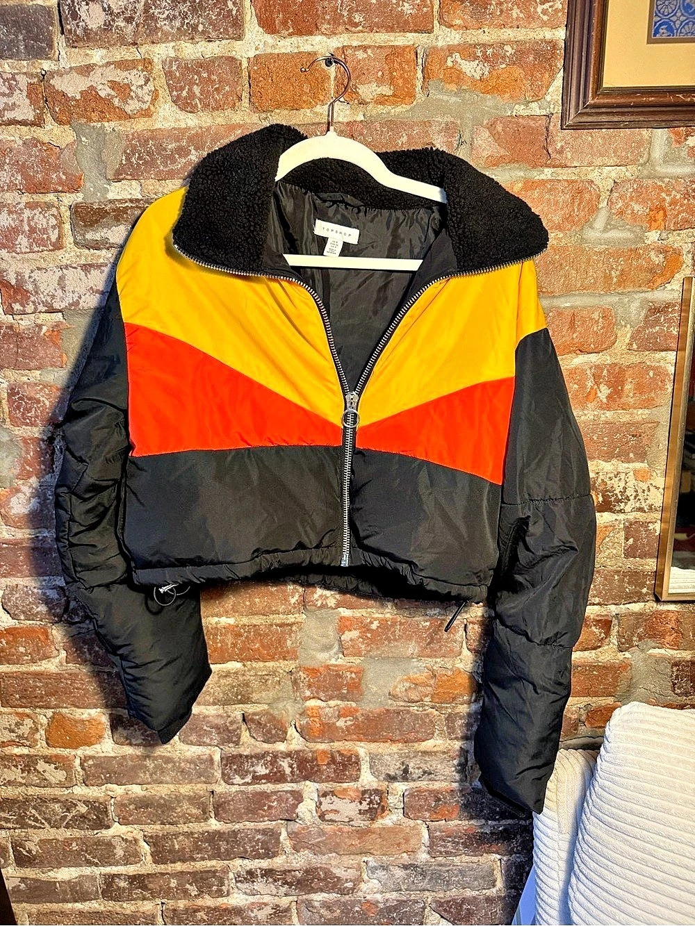 Topshop Color Block Puffer Jacket in Black & Yellow Size Small / US 4